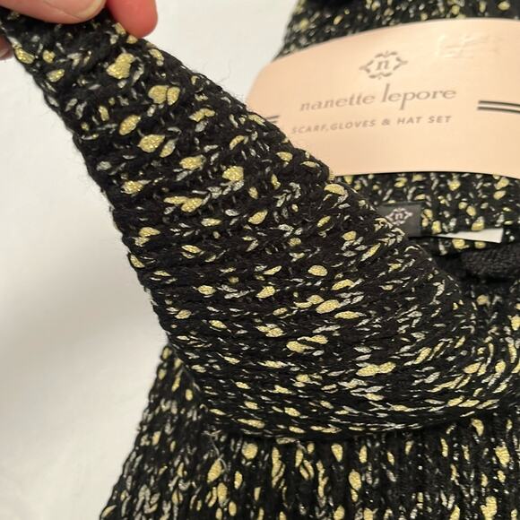 Nanette Lepore Scarf Gloves Hat Set of 3 Pieces Black Gold Silver Metallic - Picture 5 of 7